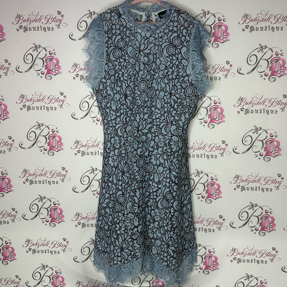 Topshop dress lace blue black mock neck floral flowers formal summer classic